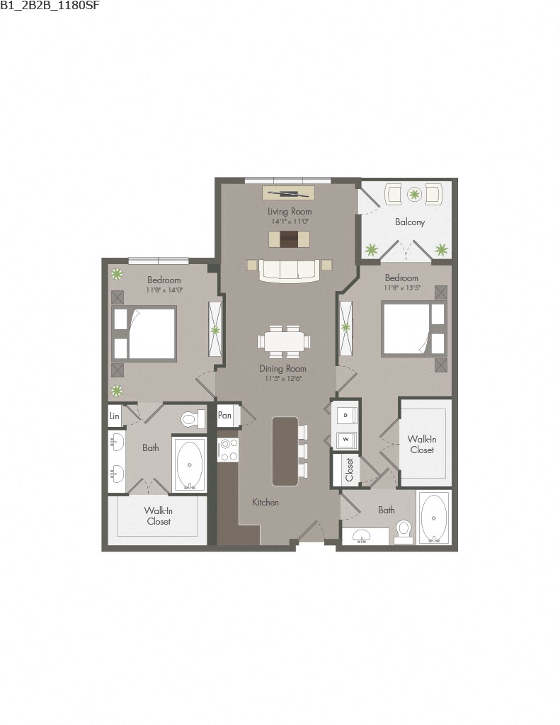 Floor plan for 2 beds, 2 baths, 1180 sqft